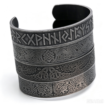 Men's Nordic Pirate Vintage Stainless Steel C-Cuff Bracelet with Engraved Viking Totem