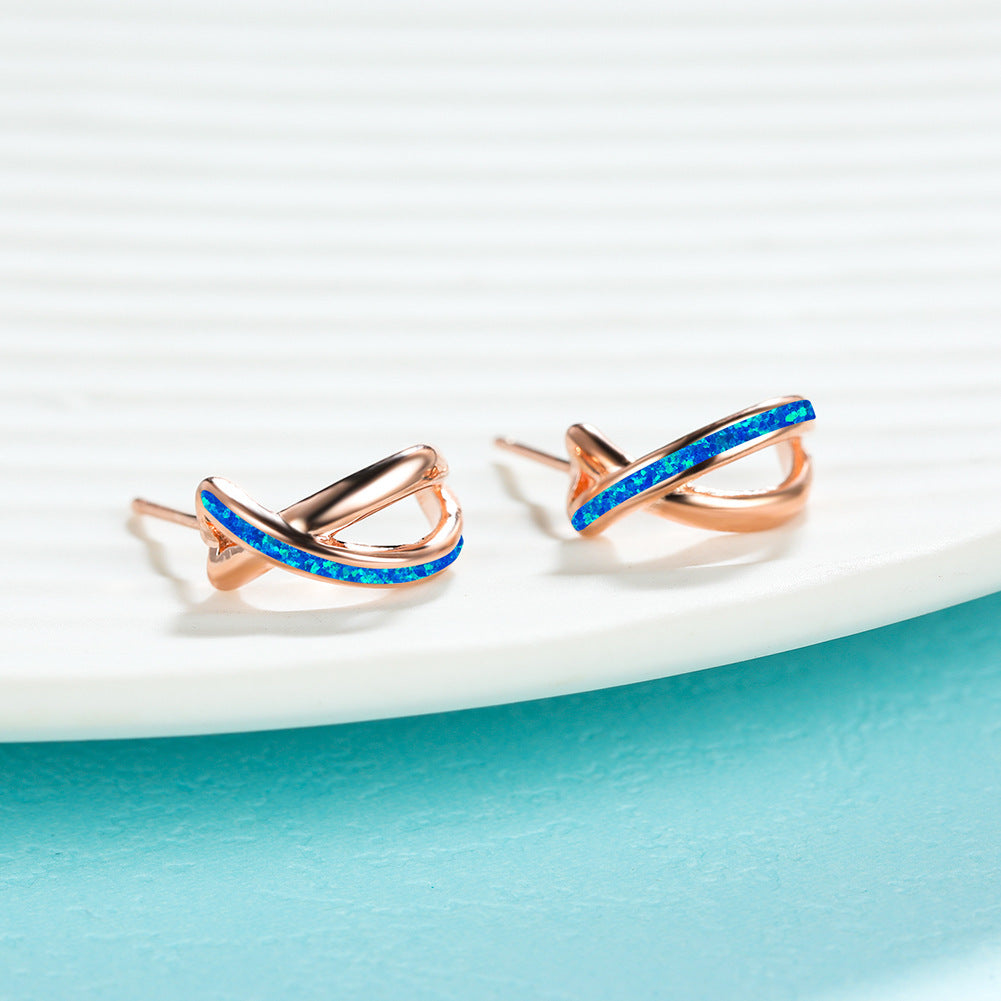 Women's Intertwined Cross‑Shape Stud Earrings, Blue Opal / White Opal Inlay, White Gold Plating / Rose Gold Plating