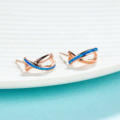 Women's Intertwined Cross‑Shape Stud Earrings, Blue Opal / White Opal Inlay, White Gold Plating / Rose Gold Plating