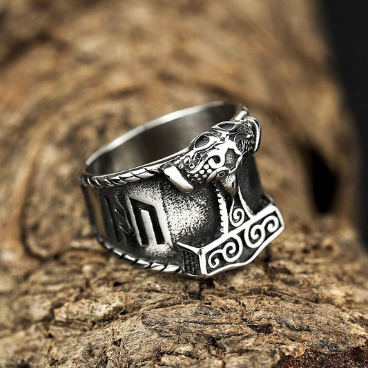 Vintage Stainless Steel Nordic Viking Rune Thor's Hammer Ring for Men