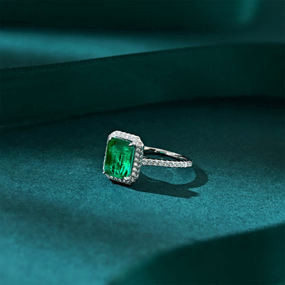 Women's Rectangular Emerald Green Zirconia Center Stone Halo Paved Ring, S925 with White Gold Plating
