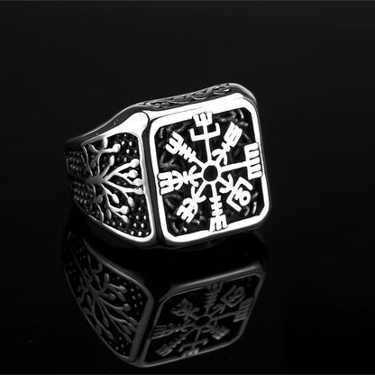 Vintage Solid Stainless Steel Viking Vegvisir Compass Tree of Life Square Signet Ring for Men