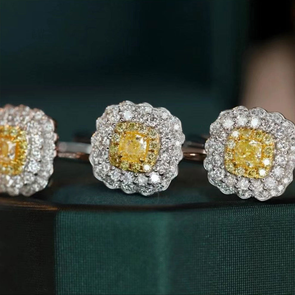 Women's White Gold Cushion Shape Layered Stones Yellow Gem Halo Adjustable Ring