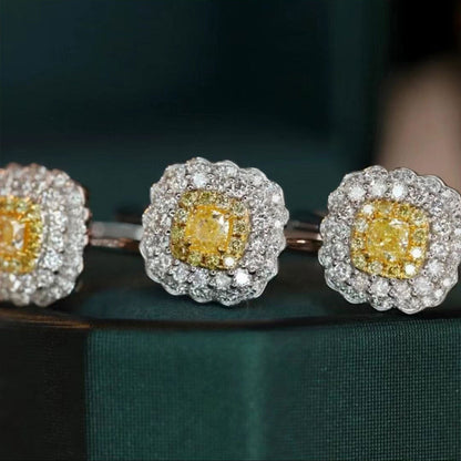 Women's White Gold Cushion Shape Layered Stones Yellow Gem Halo Adjustable Ring