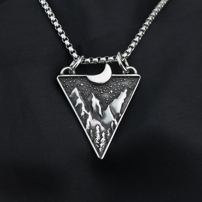 Mens Steel Triangle Mountain Moon Star Pendant Necklace
