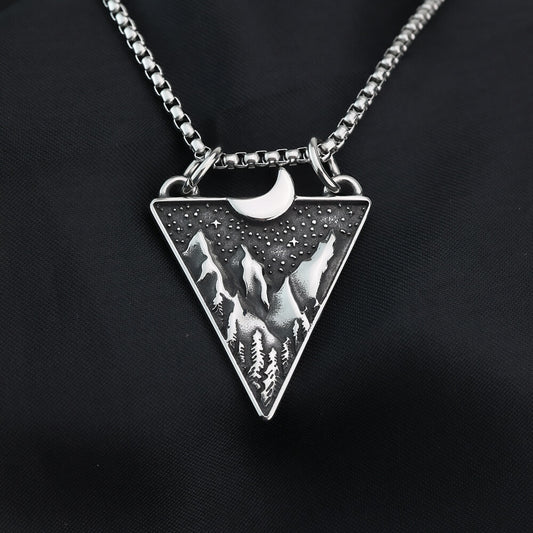 Mens Steel Triangle Mountain Moon Star Pendant Necklace