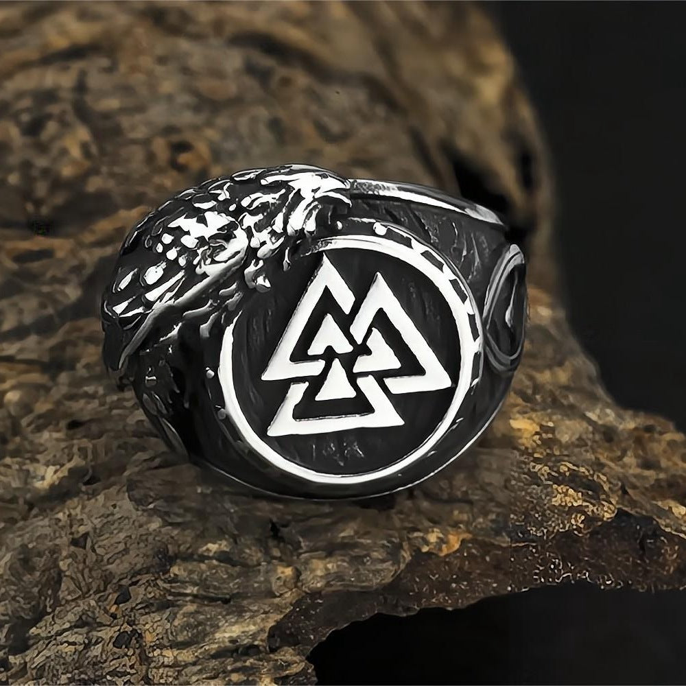 Vintage Solid Stainless Steel Viking Triangle Symbol Crow Totem Band Ring for Men
