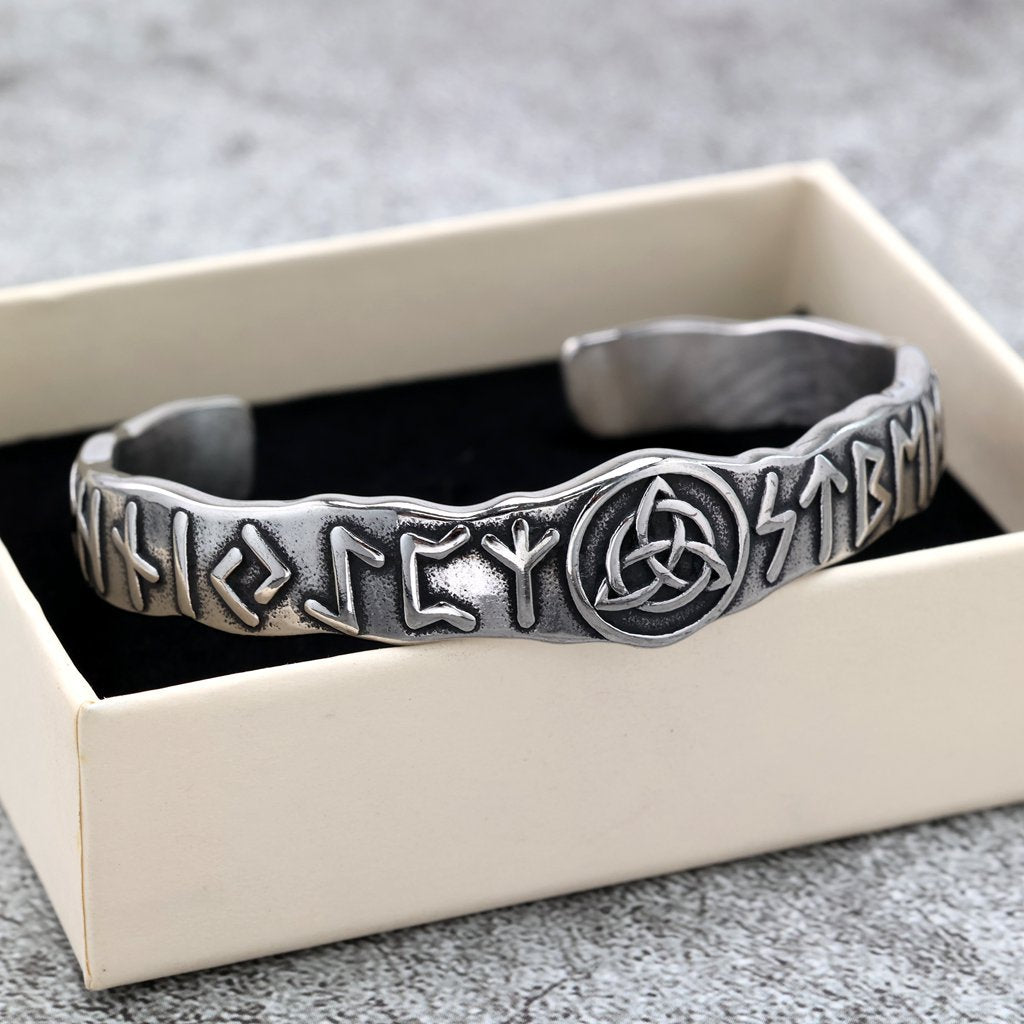 Nordic Pirate Retro Viking Rune Symbols Open C Bracelet for Men, Vintage Stainless Steel Cuff Bangle