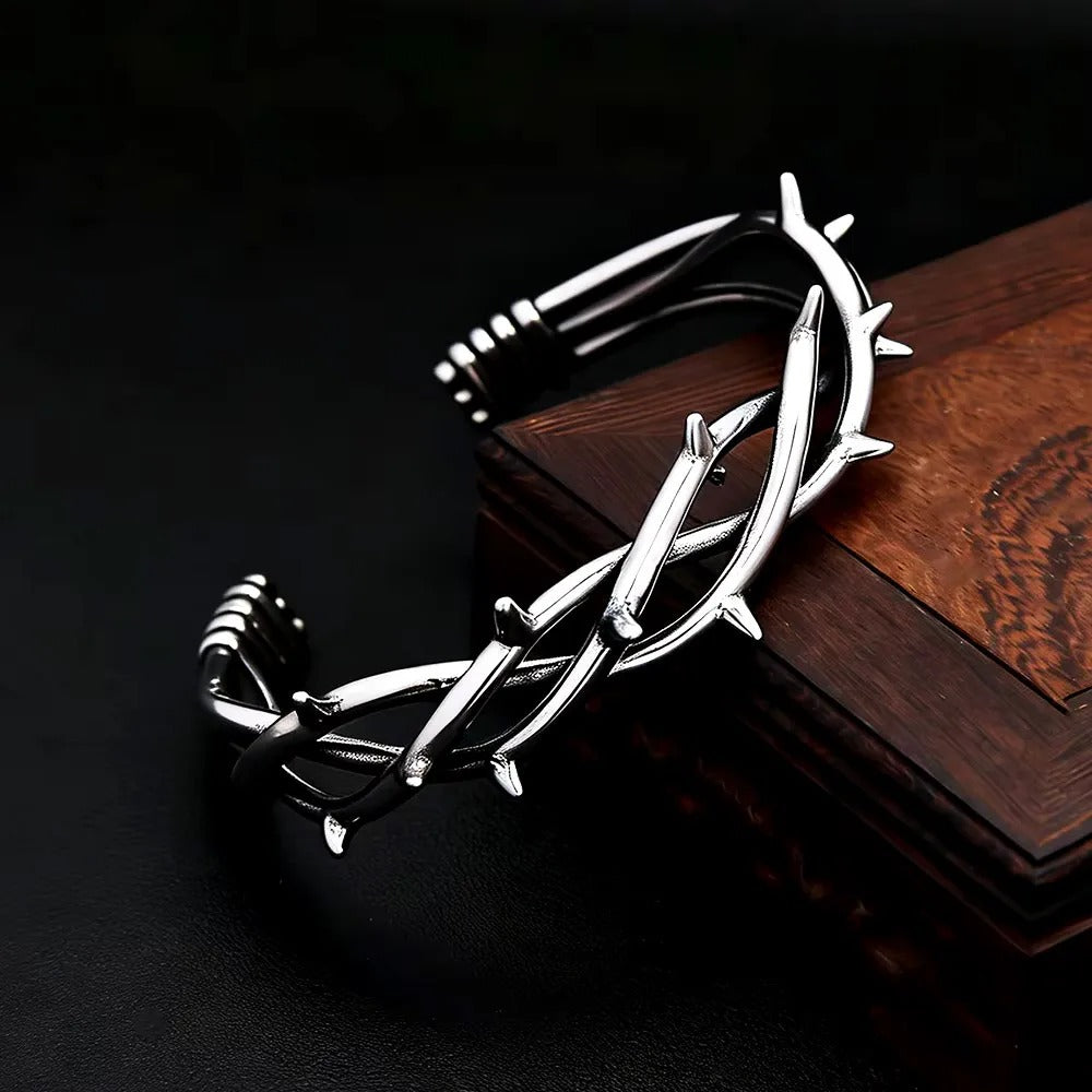 Men's Vintage Twisted Stainless Steel Open C Cuff Bracelet, Thorn Crown Gothic Style Retro Adjustable Bangle