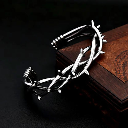 Men's Vintage Twisted Stainless Steel Open C Cuff Bracelet, Thorn Crown Gothic Style Retro Adjustable Bangle