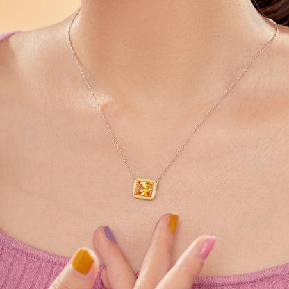 Women's Pendant Necklace, Rectangle Shape Yellow Sapphire Inlay Inside Yellow Epoxy, S925 with White Gold Plating
