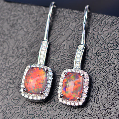 Women's White Gold Plating Rectangular Halo Zirconia Multi Color Opal Hook Earrings