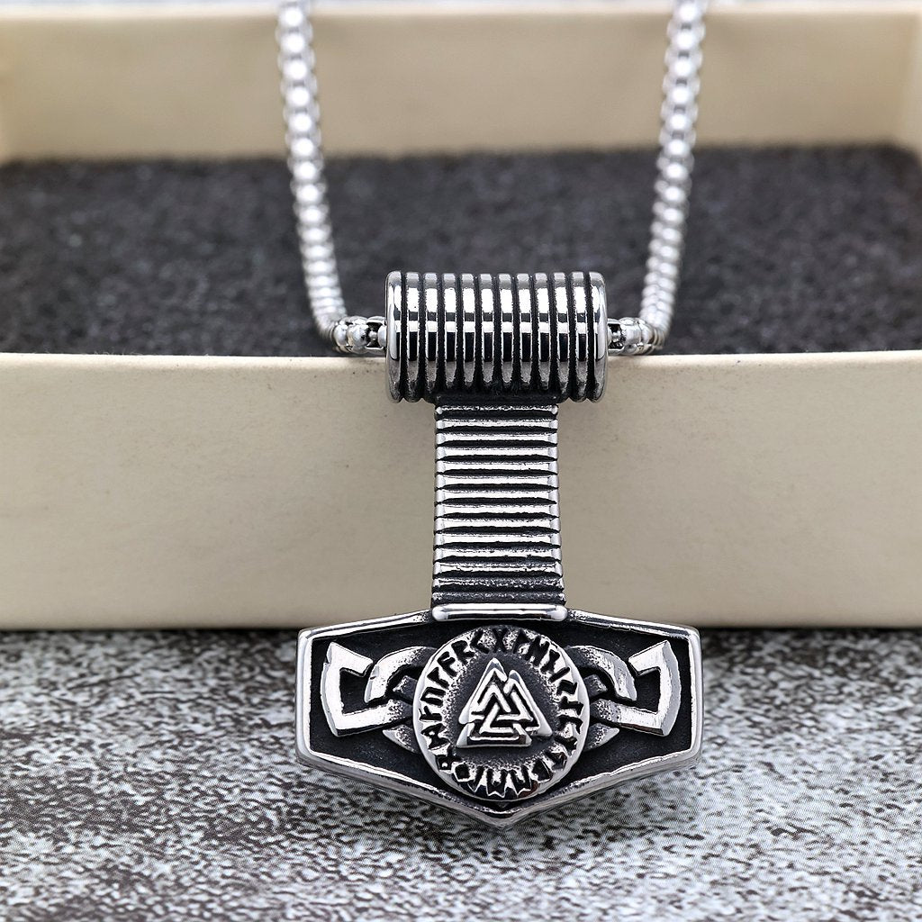 Men's Steel Valknut Mjolnir Pendant Necklace