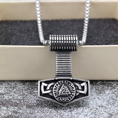 Men's Steel Valknut Mjolnir Pendant Necklace