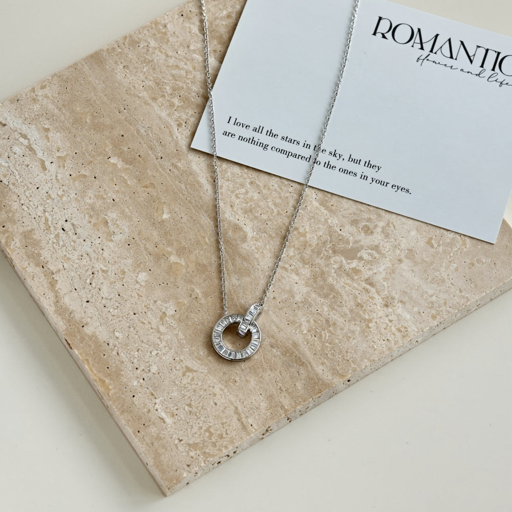 Women's Interlocking Rings Pendant Necklace, Baguette Zirconia Paved Inlay, S925 with White Gold Plating