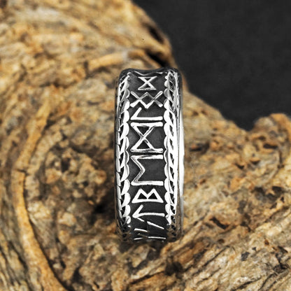 Vintage Antique Oxidized Solid Stainless Steel Norse Viking Rune Braided Trim Wide Circle Band Ring for Men