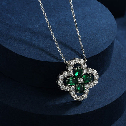 Women's Sterling Silver Hollow Four-leaf Clover Emerald Pendant