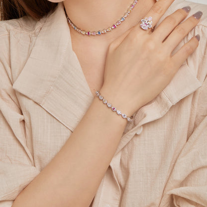 Women's S925 White Gold Plating Delicate Bracelet, Multicolor Baguette, Round & Pear Shape Zirconia Row Inlay