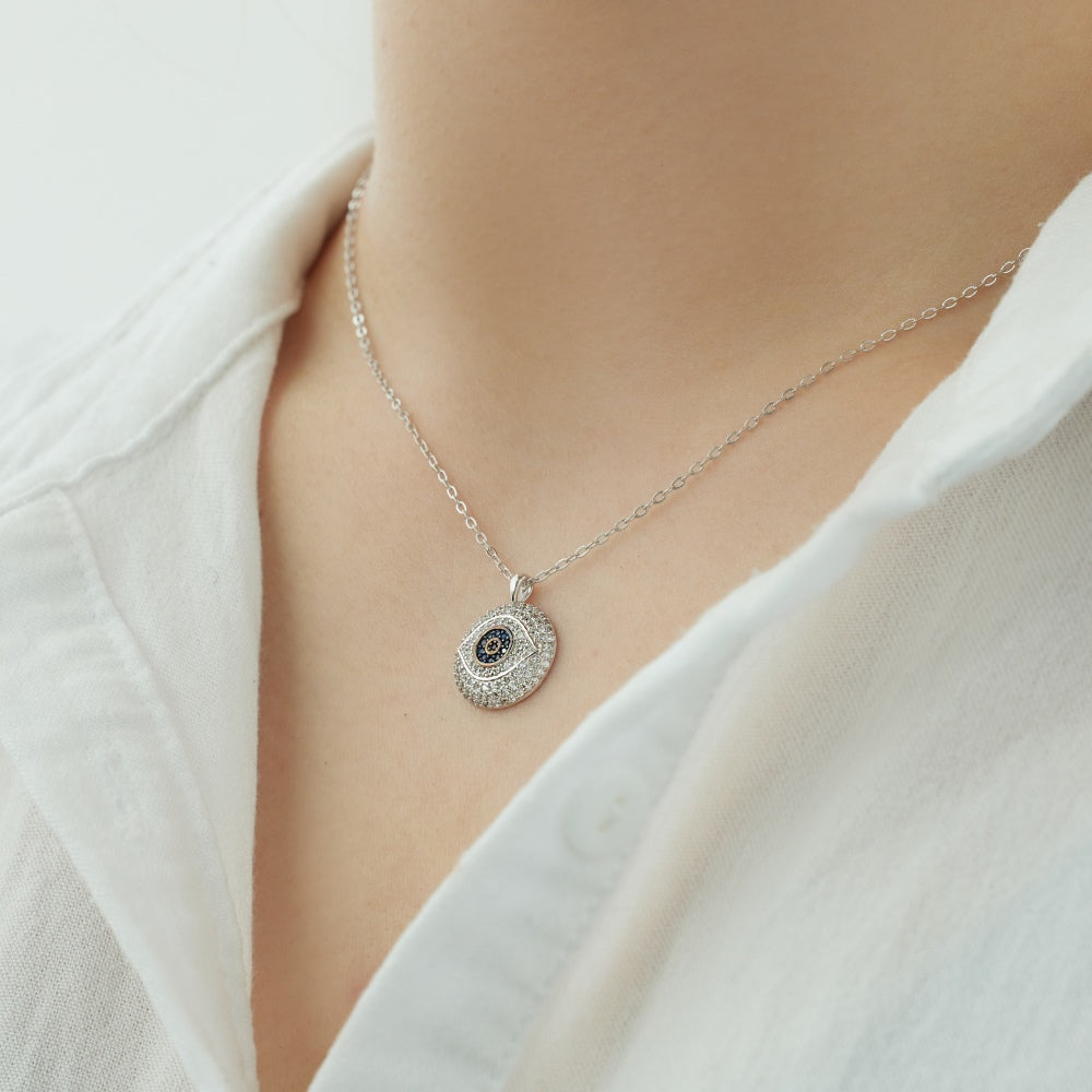 Niche Fashion S925 Silver Evil Eye Necklace Inlaid with White & Blue Round Zirconia Fashion Pendant Jewelry