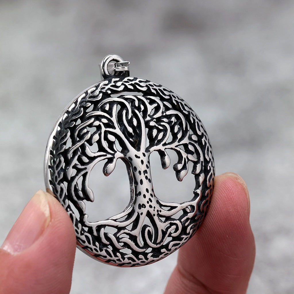Vintage Stainless Steel Hollow Tree of Life Pendant Necklace for Men
