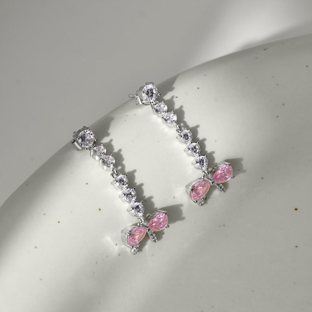 Women's Bow Dangle Earrings, Pink Zirconia Bow with Round Zirconia Chain, S925 with White Gold Plating