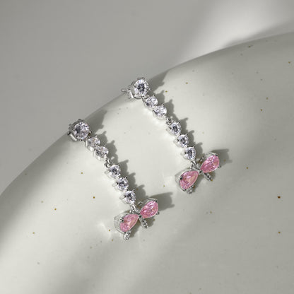 Women's Bow Dangle Earrings, Pink Zirconia Bow with Round Zirconia Chain, S925 with White Gold Plating