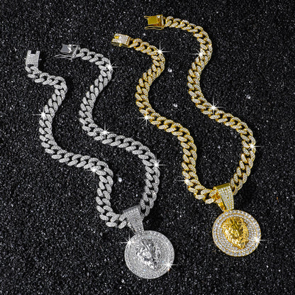 Hip-Hop Style Round Lion Head Animal Cuban Chain Pendant Necklace