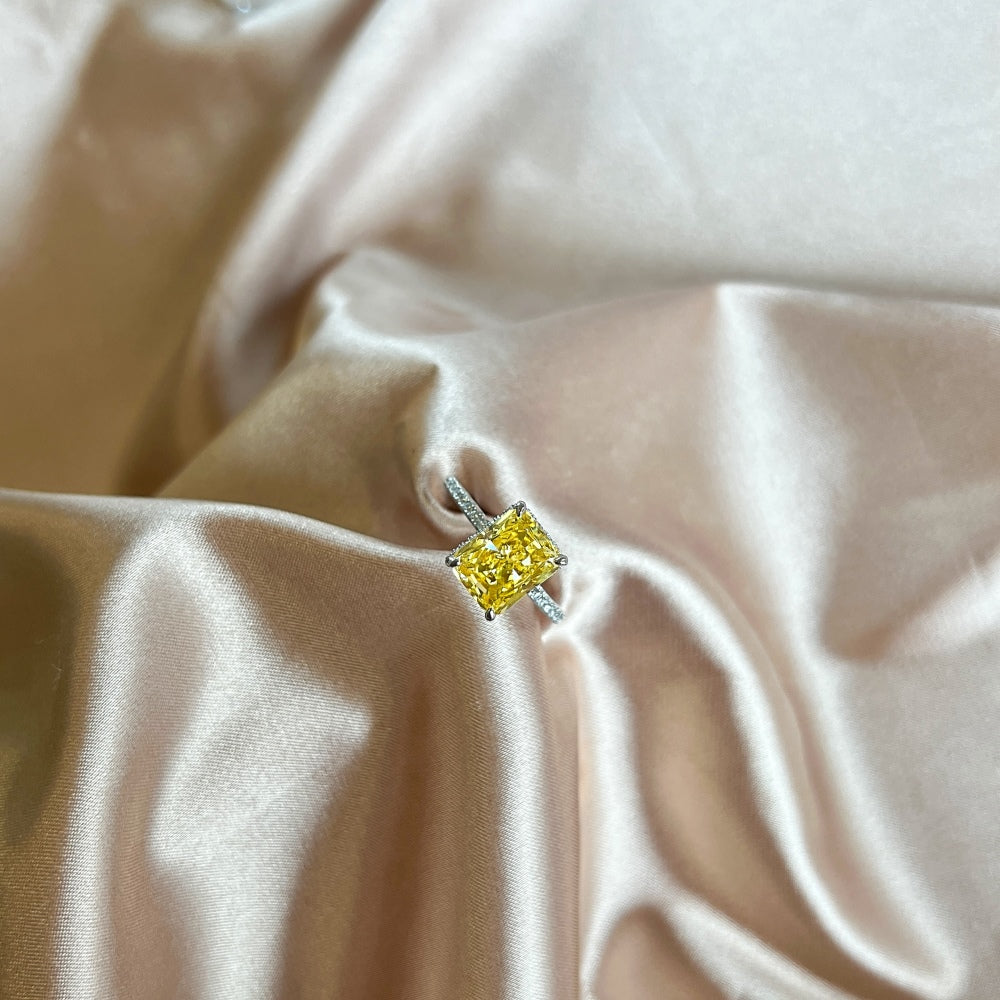 Women's Square Ice Flower Cut Yellow Gemstone Zirconia Luxury Ring, S925 with White Gold Plating