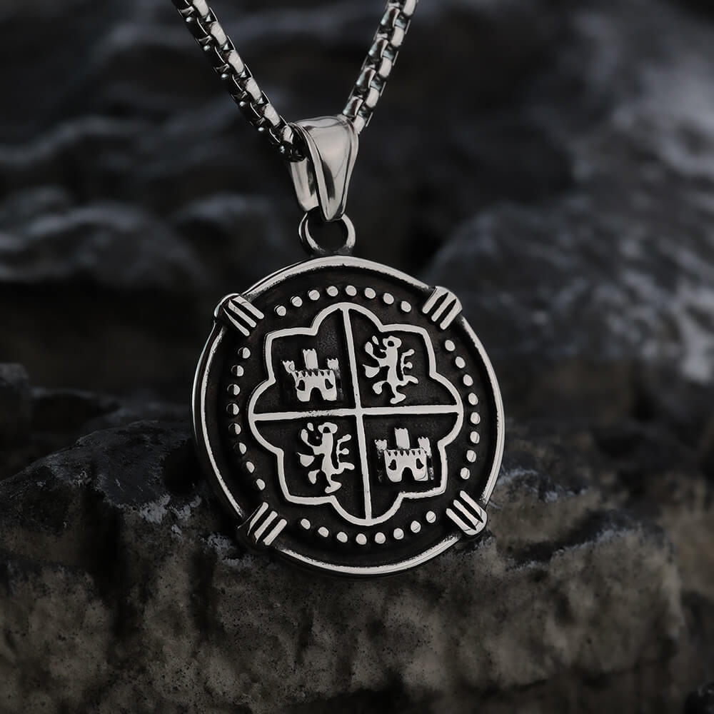 Men's Steel Vintage Spanish Coin Round Pendant Necklace
