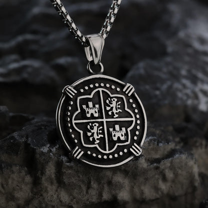 Men's Steel Vintage Spanish Coin Round Pendant Necklace