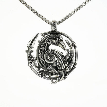 Mens Steel Nordic Raven Hollow Round Pendant Necklace