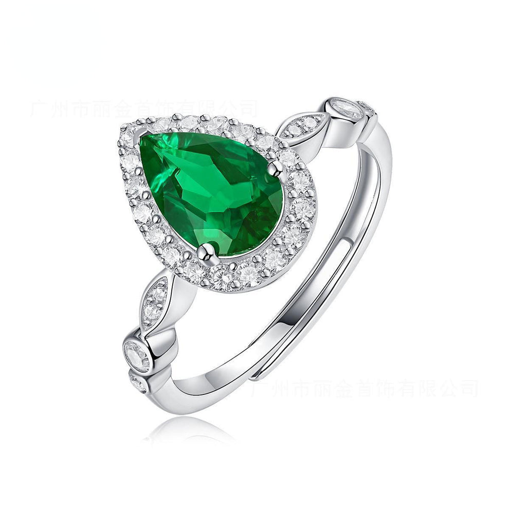 Women's White Gold Drip Shape Emerald Halo Adjustable Ring