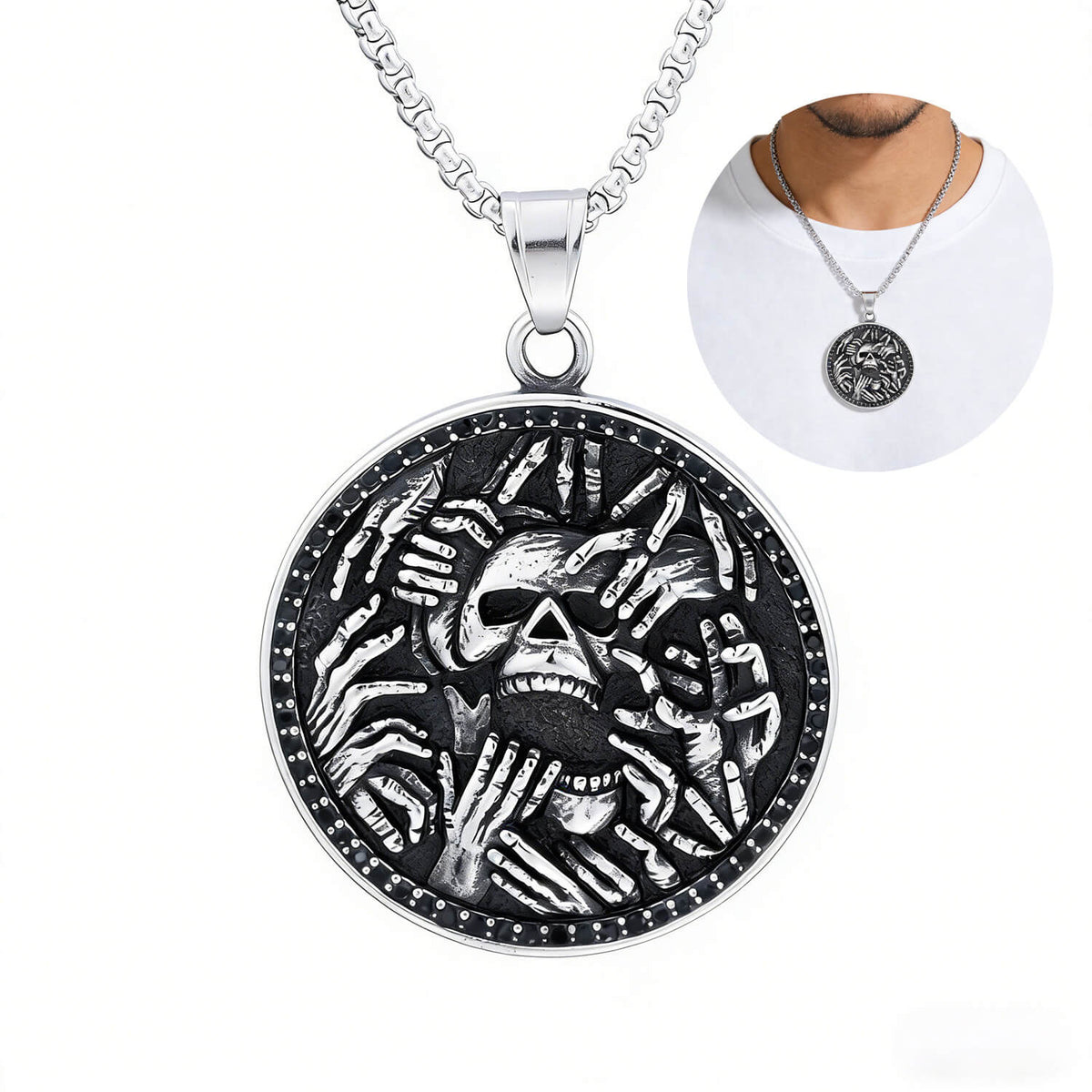 Men's Retro Gothic Dark Style Skull Hand Relief Pendant Necklace