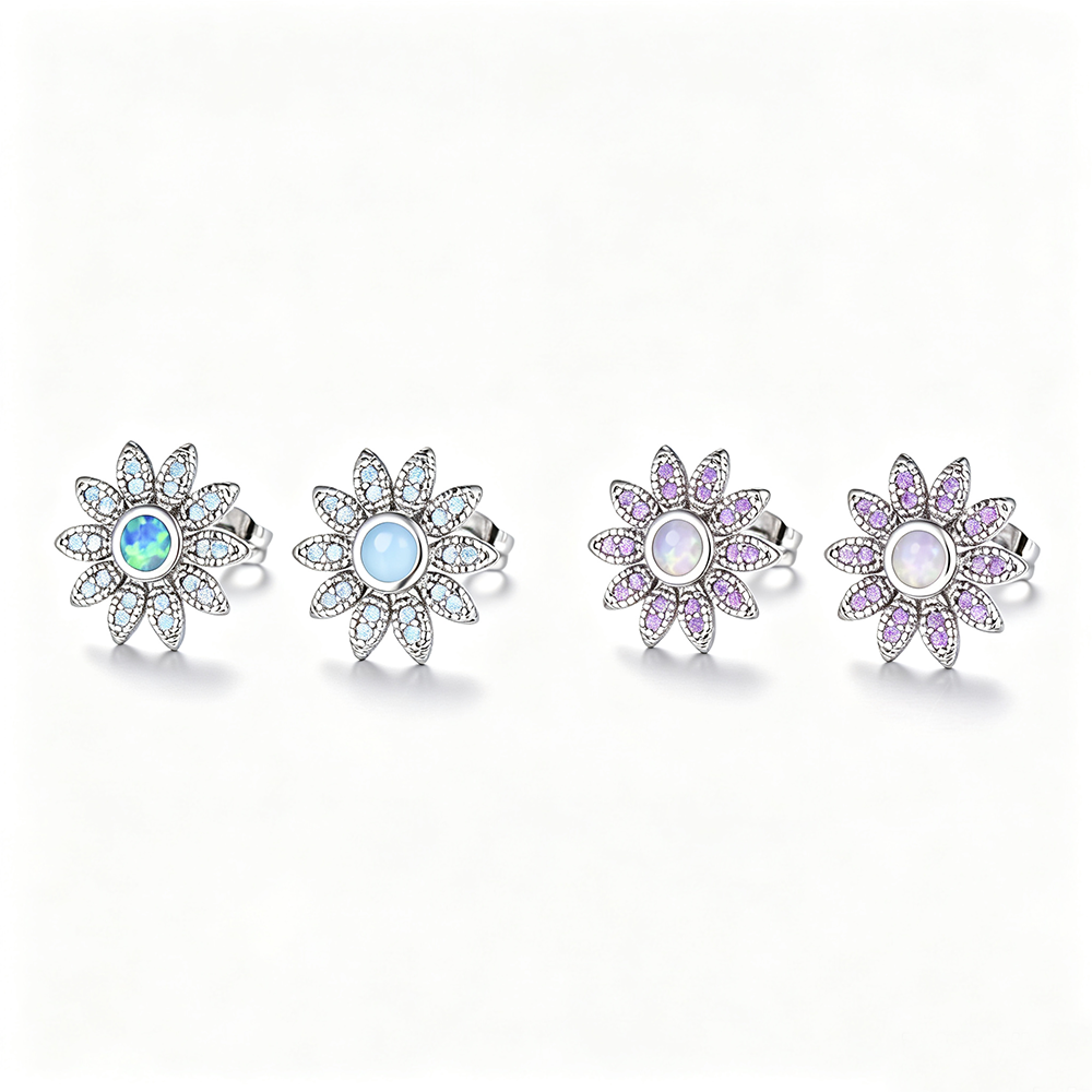 Women's Sunflower‑Shape Stud Earrings, Blue Opal / White Opal Inlay With Zirconia Accents, with White Gold Plating