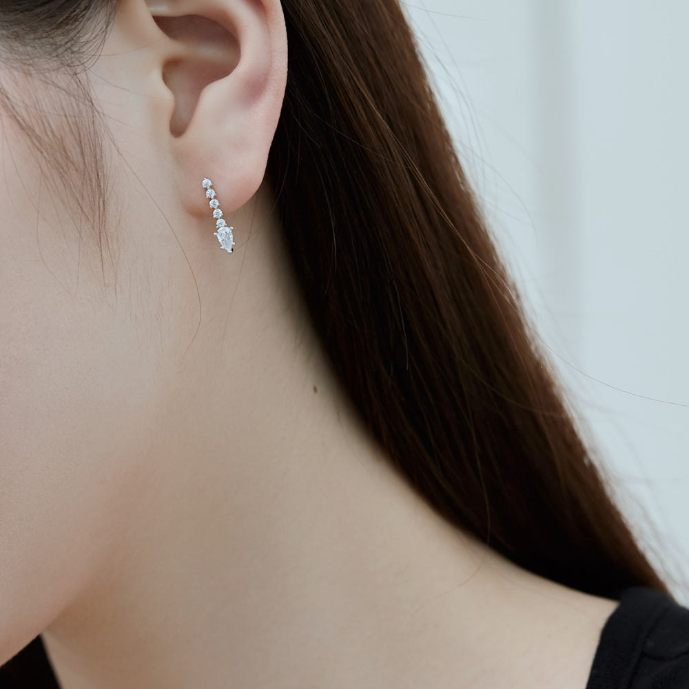 Women's Linear Drop Earrings, Pear‑Shape Center Stone Accompanied by Paved Round Zirconia, S925 with White Gold Plating