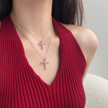 S925  Necklace, Minimalist Cross with White Heart & Pink Heart Zircon