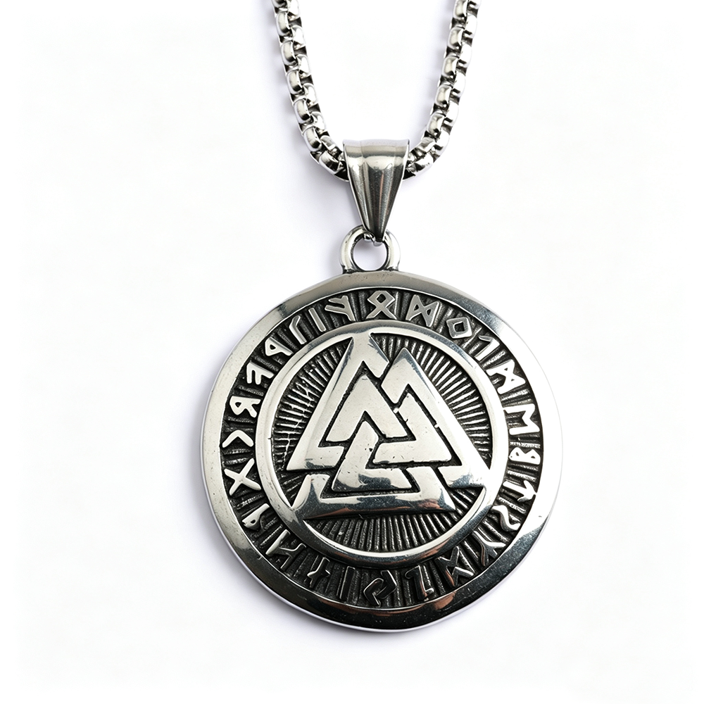 Men's Steel Viking Valknut Rune Round Tag Pendant Necklace