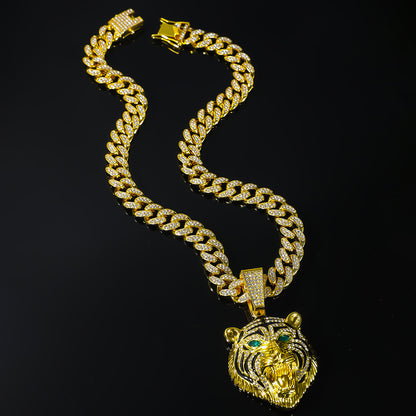 Hip-Hop Green-Eyed Lion Head Cuban Chain Pendant Necklace
