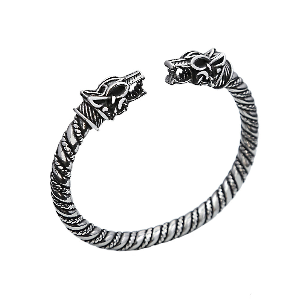 Viking Retro Double Dragon Head Open C Bracelet for Men, European Vintage Bold Personality Stainless Steel Cuff Bangle