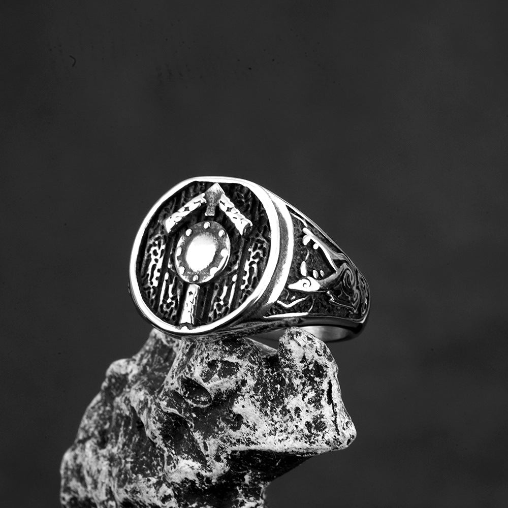 Vintage Solid Stainless Steel Hip Hop Shield Symbol Band Ring for Men