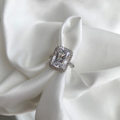 Women's S925 Silver White Gold Tone Square Zircon Halo Ring, Luxury Engagement Style Ladies Fashion Ring