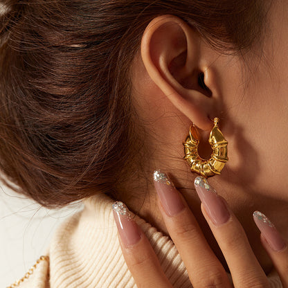 Women's Bamboo Joint Hollow Dangle Earrings, Titanium Steel with 18K Gold Plating / White Gold Plating