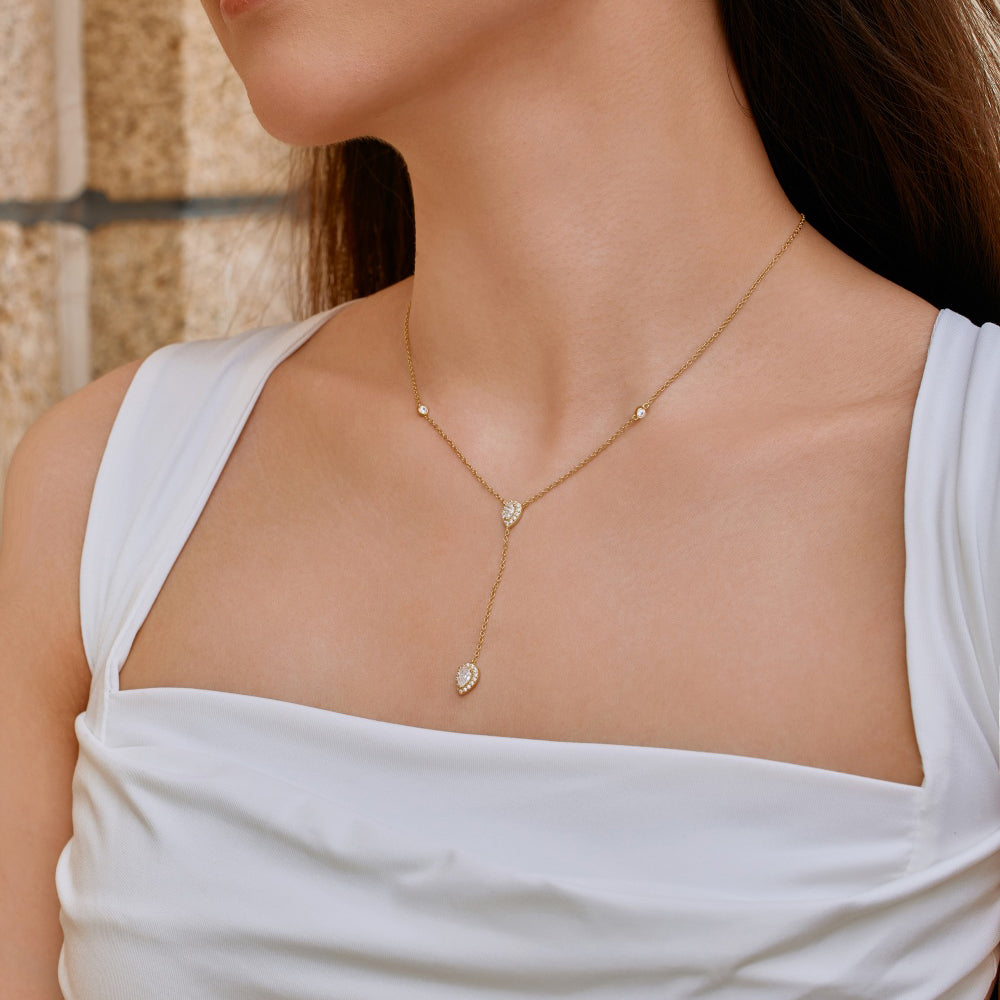 Women's Delicate Pendant Necklace, Pear Shape Zirconia & Round Zirconia Inlay, S925 with 18K Gold Plating