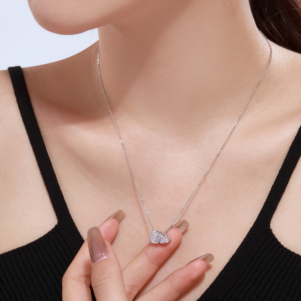 Women's Dual Main Stone Pendant Necklace, Rectangle & Heart Shape Zirconia Inlay, S925 with White Gold Plating