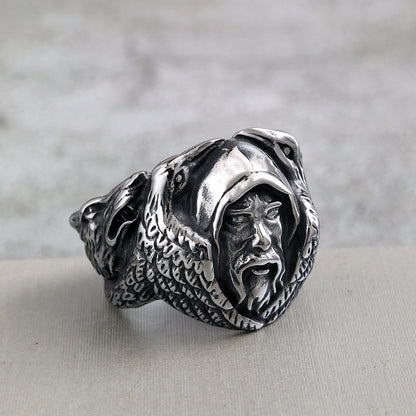 Vintage Stainless Steel Biker Viking Odin Raven Wolf Head Ring for Men