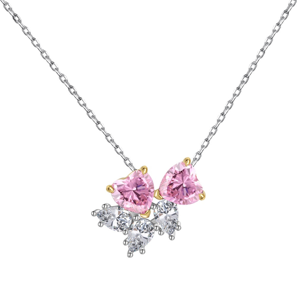 Women's Luxury Pendant Necklace, Pear Shape Colorless Zirconia & Heart Shape Pink Zirconia Spliced Inlay, S925 with White Gold Plating