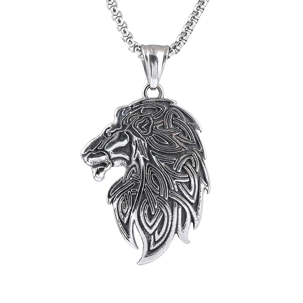 Men's Steel Celtic Lion Head Pendant Necklace