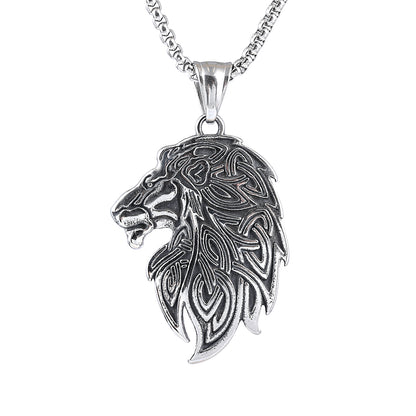 Men's Steel Celtic Lion Head Pendant Necklace