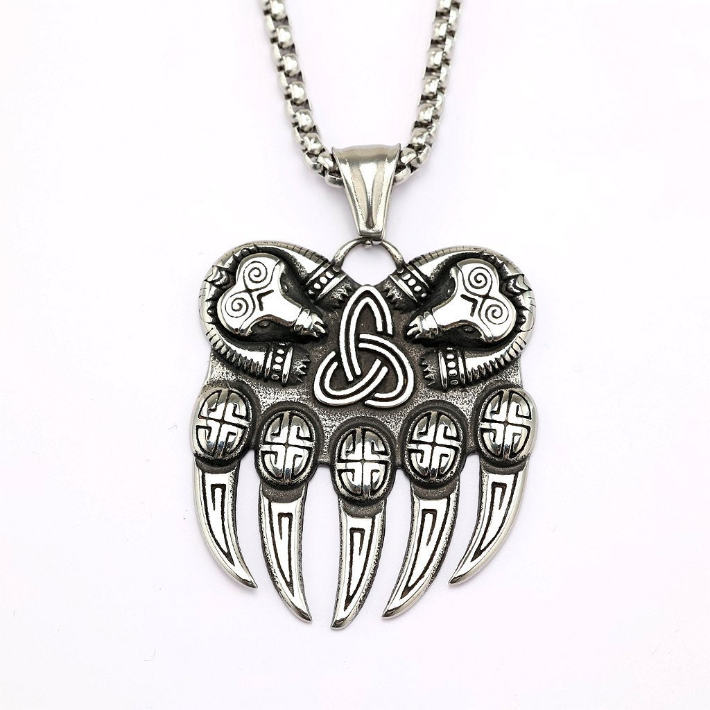 Vintage Stainless Steel Single Sided Celtic Knot Bear Paw Pendant Necklace for Men