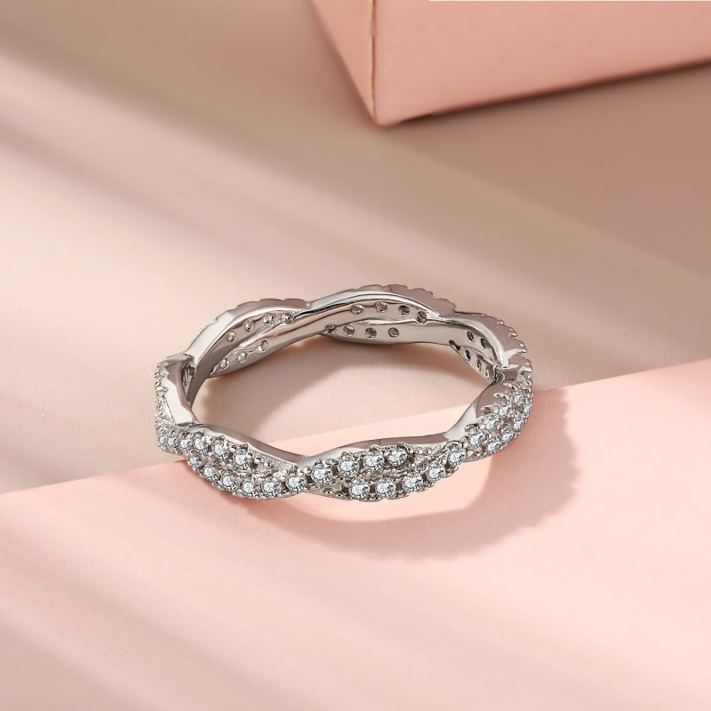Women's S925 Silver White Gold Tone Pave Zircon Wave Ring, Luxury Stackable Ladies Fashion Ring